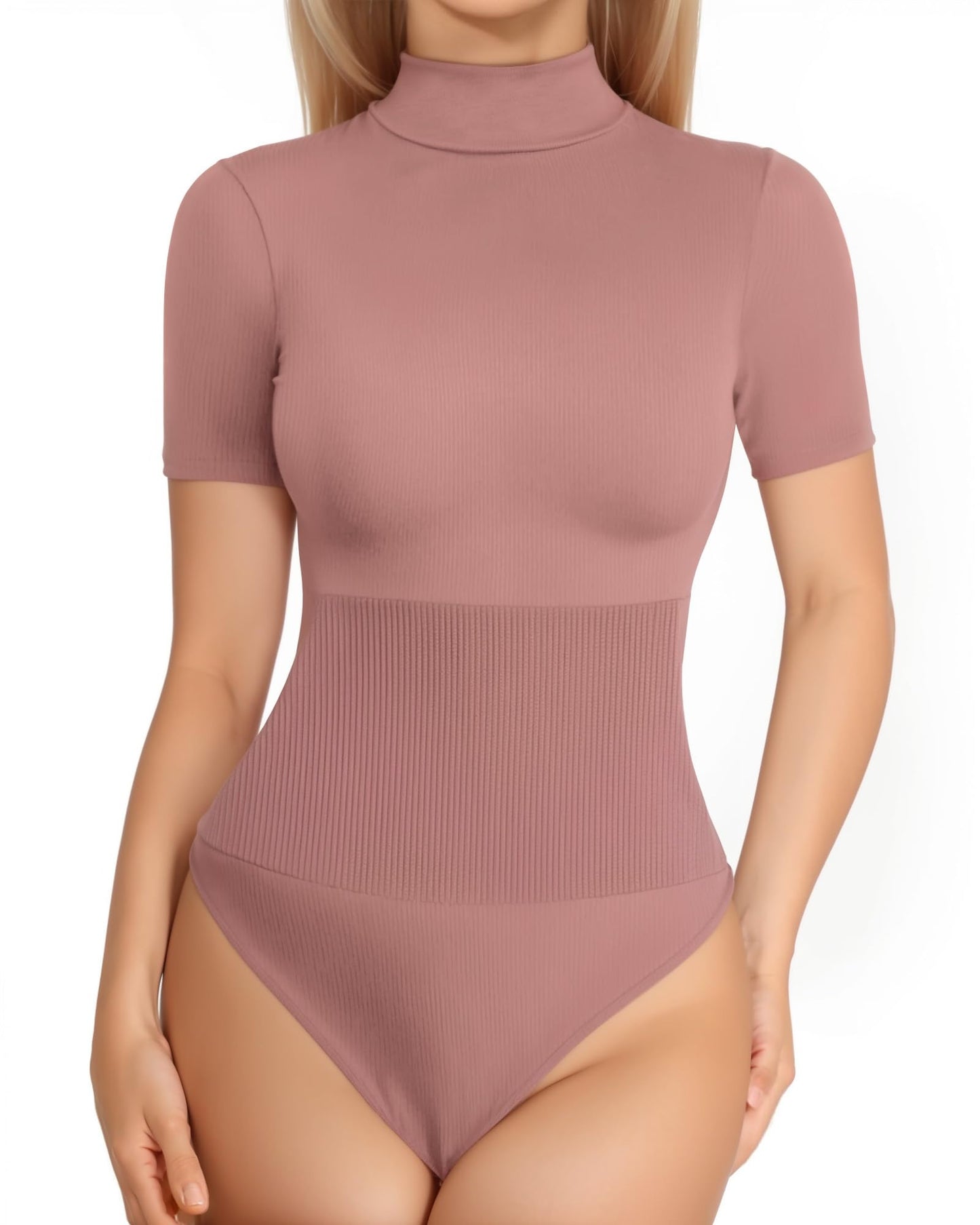 MANGOPOP Tummy Control Thong Shapewear Bodysuit for Women Short Sleeve Turtleneck Top Seamless Ribbed Body Suit (Marsala)