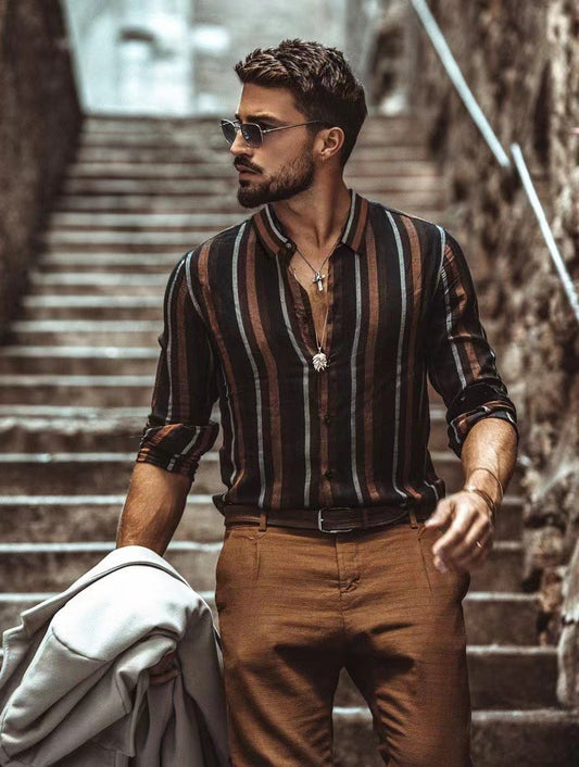Men's Casual Long Sleeve Striped Print Lapel Shirt
