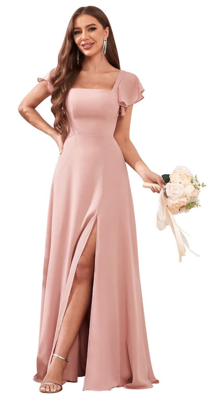 Bolodoo A Line Dusty Rose Bridesmaid Dresses with Slit Chiffon Long Formal Dresses for Wedding Guest Evening Gown Size 14