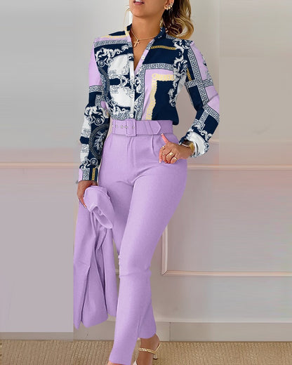 Fashionable Printed Long Sleeve Top and Pants Set
