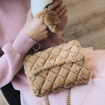 Furry Crossbody Bag with Quilted Chain Strap